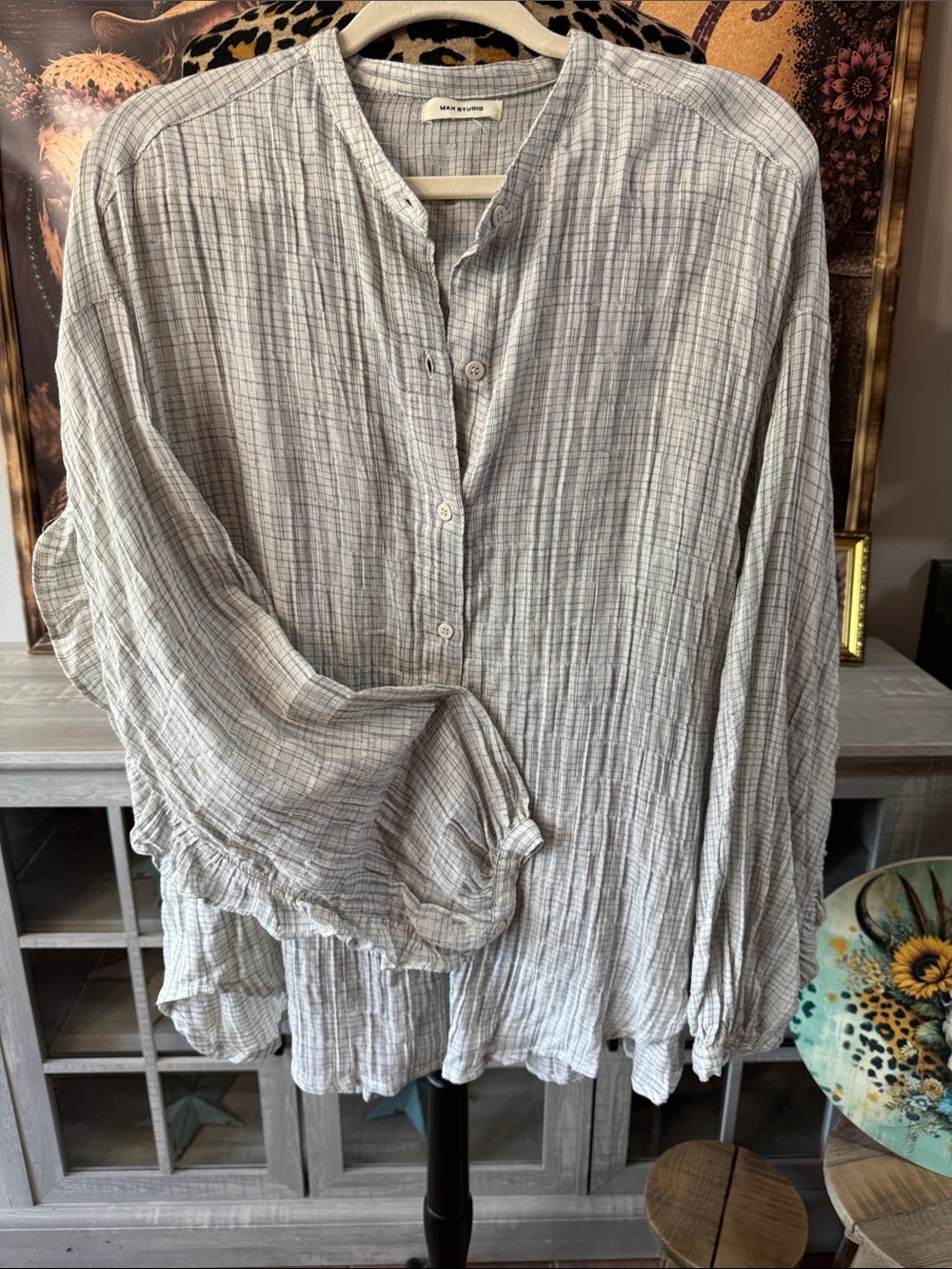 Max Studio Lightweight Crinkle Button-Front Women's Top w/Ruffle Sz Large